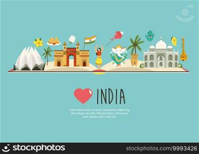 Illustrated map of India with famous landmarks, symbols and animals. Vector design for tour guides, leaflets, books, souvenirs, travel posters.. Travel poster with famous destinations and landmarks of India