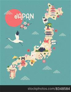 Illustrated map of Japan with famous symbols and landmarks. Suitable for posters, books, frame arts, wall designs. Illustrated map of Japan with famous symbols and landmarks