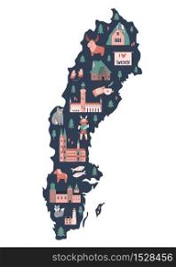 Illustrated map of Sweden with symbols, icons, famous destinations, attractions. For travel guides, banners, posters. Illustrated map of Sweden with symbols, icons, famous destinations, attractions.