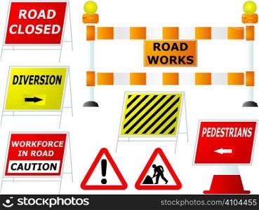 Illustrated road works signs in different variations as part of a set