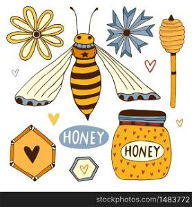 Illustrated set with hand drawn bee, honey jar, dipper and wildflowers. Homemade honey collection for unique design. Vector illustration. Illustrated set with hand drawn bee, honey jar, dipper and wildflowers. Homemade honey collection for unique design. Vector illustration.