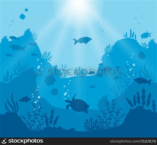 Illustrated underwater world on a deep blue background. Coral reef with tropical fish and animals. Underwater journey through the coral silhouette. Art of craft paper art style.. Illustrated underwater world on a deep blue background