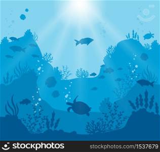 Illustrated underwater world on a deep blue background. Coral reef with tropical fish and animals. Underwater journey through the coral silhouette. Art of craft paper art style.. Illustrated underwater world on a deep blue background