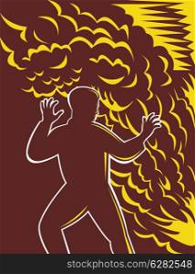 illustratino of a Man scared in front of burning fire and smoke. Man scared in front of burning fire and smoke