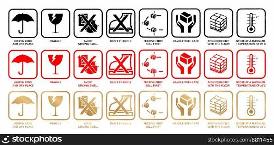 illustration a eight or 8 icons conceptual Fragile types of words set with three or 3 colors for warning handle with care logistics, delivery shipping labels, container, box, cargo, advertisement sign