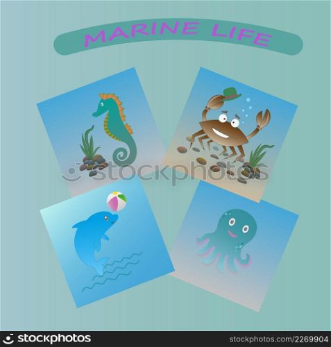Illustration a selection of pictures with various marine life in a cartoon image. Marine life cartoon pictures