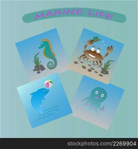 Illustration a selection of pictures with various marine life in a cartoon image. Marine life cartoon pictures
