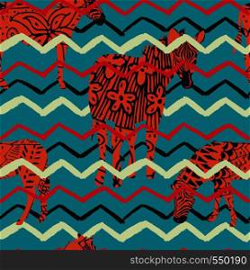 Illustration abstract african animal zebra zigzag seamless pattern blue background