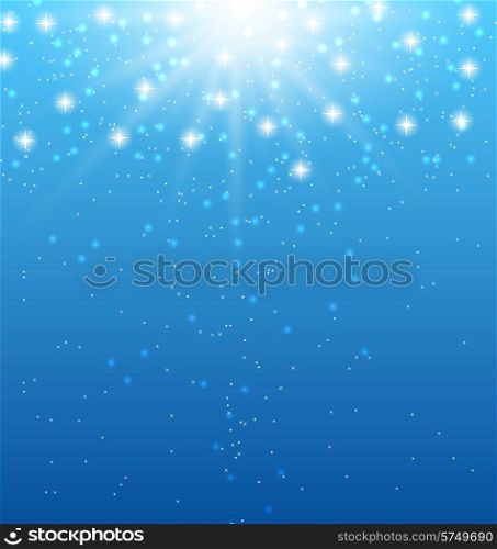Illustration abstract blue background with sunbeams and shiny stars - vector