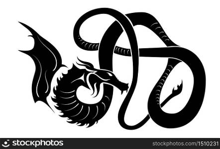 Illustration abstract decoration black dragon silhouette. Vector mythological or indigenous tribal Japanese Chinese Asian dragon tattoo. Magic beast monster ancient cultu