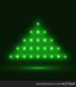 Illustration abstract glowing christmas tree on black background - vector