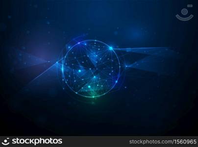 Illustration Abstract Molecules and 3D Mesh with Circles, Lines, Geometric, Polygonal, Triangle pattern. Vector design communication technology on blue background. Futuristic- digital technology concept