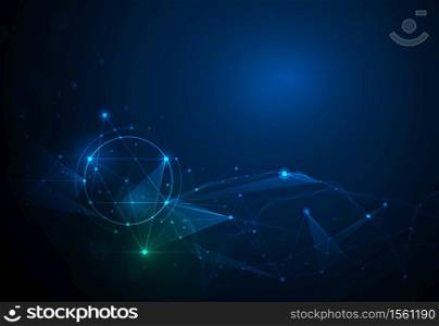 Illustration Abstract Molecules and 3D Mesh with Circles, Lines, Geometric, Polygonal, Triangle pattern. Vector design communication technology on blue background. Futuristic- digital technology concept