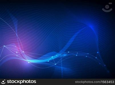 Illustration Abstract Molecules and 3D Mesh with light effect, wave lines, wavy pattern. Vector design communication technology on blue background. Futuristic- digital technology concept