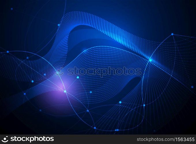 Illustration Abstract Molecules and 3D Mesh with light effect, wave lines, wavy pattern. Vector design communication technology on blue background. Futuristic- digital technology concept
