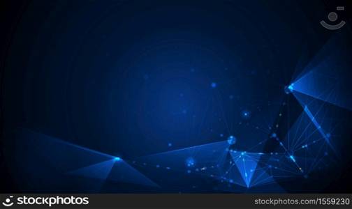 Illustration Abstract Molecules with Circle, Line, Geometric, Polygon, Triangle pattern. Vector design network communication technology on dark blue background. Futuristic, digital technology concept