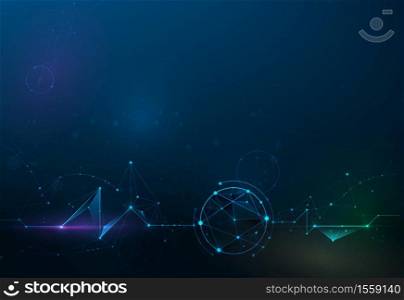 Illustration Abstract Molecules with Circles, Lines, Geometric, Polygon, Triangle pattern. Vector design network communication technology on dark blue background. Futuristic- digital science technology concept