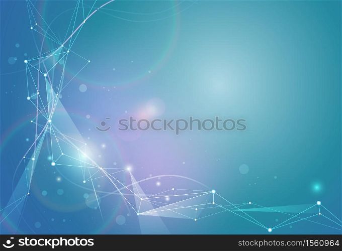 Illustration Abstract Molecules with Circles, Lines, Geometric, Polygon, Triangle pattern. Vector design network communication technology on green blue background. Futuristic- digital science technology concept