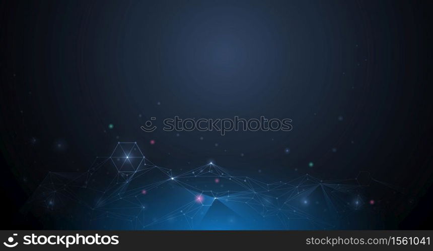 Illustration Abstract Molecules with Circles, Lines, Geometric, Polygon, Triangle pattern. Vector design network communication technology on dark blue background. Futuristic- digital science technology concept