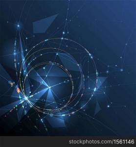 Illustration Abstract Molecules with Circles, Lines, Geometric, Polygon, Triangle pattern. Vector design network communication technology on dark blue background. Futuristic- digital science technology concept