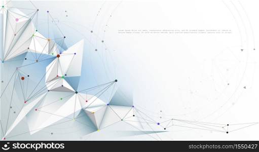 Illustration Abstract Molecules with Lines, Geometric, Polygon, Triangle pattern. Vector design network communication technology on white gray color background. Futuristic- digital science technology concept