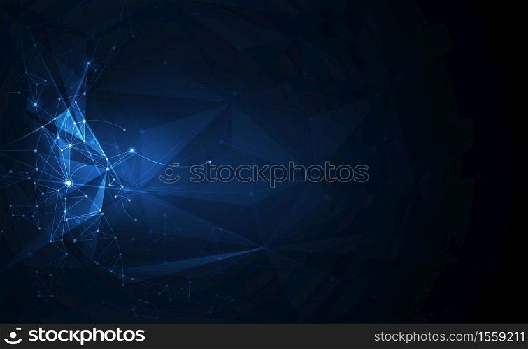 Illustration Abstract Molecules with Lines, Geometric, Polygon, Triangle pattern. Vector design network communication technology on dark blue background. Futuristic- digital science technology concept