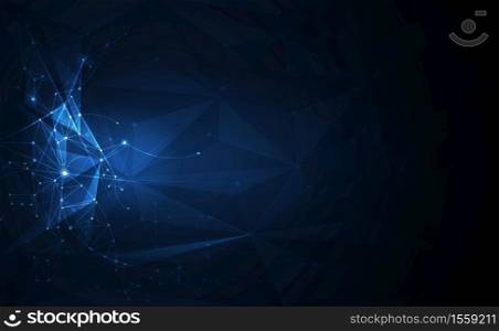 Illustration Abstract Molecules with Lines, Geometric, Polygon, Triangle pattern. Vector design network communication technology on dark blue background. Futuristic- digital science technology concept