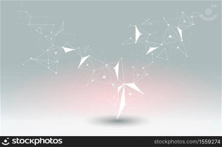 Illustration Abstract Molecules with Lines, Geometric, Polygon, Triangle pattern. Vector design network communication technology on light gray background. Futuristic- digital science technology concept