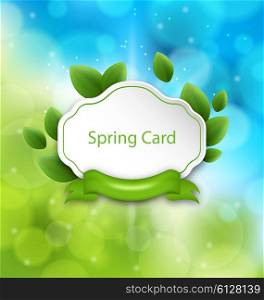 Illustration Abstract Spring Card with Eco Green Leaves and Ribbon on Glowing Background - Vector
