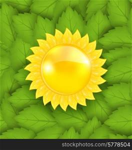 Illustration Abstract Sun on Green Leaves Seamless Texture, Eco Friendly Background - vector
