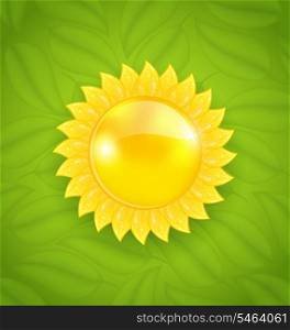 Illustration abstract sun on green leaves texture, eco friendly background - vector