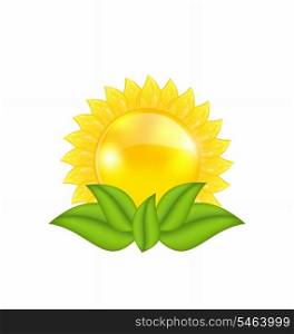 Illustration abstract sun with green leaves, isolated on white background - vector
