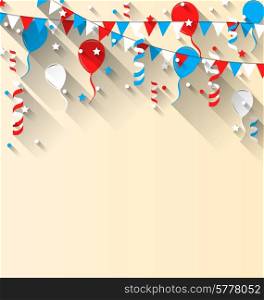 Illustration American patriotic background with balloons, streamer, stars and pennants, in US national colors, trendy flat style with long shadow style - vector
