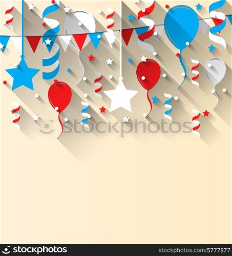 Illustration American patriotic background with balloons, streamer, stars and pennants, in US national colors. Wallpaper for Independence day, trendy flat style with long shadow style - vector