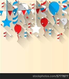 Illustration American patriotic background with balloons, streamer, stars and pennants, in US national colors. Wallpaper for Independence day, trendy flat style with long shadow style - vector