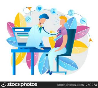 Illustration an Online Doctor Consultation at Home. Vector Image Man Measures Temperature Body Thermometer. Sitting in Front Laptop. Doctor Pediatrician Screen Monitor Device Examines Patient Disease