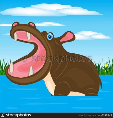 Illustration animal hippopotamus in water on background sky. Hippopotamus in water