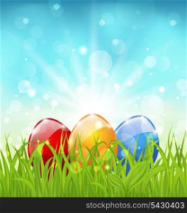 Illustration april background with Easter colorful eggs - vector