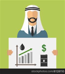 Illustration Arabic Businessman Holding Banner with Graphic of Oil Prices Up, Black Barrels, Dollars and Growth Chart - Vector