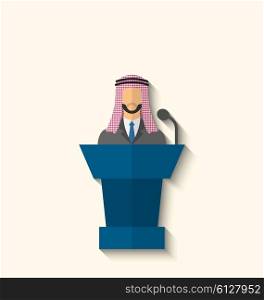 Illustration Arabic Businessman Orator in Keffiyeh Speaking From Rostrum, Politician on Conference, Flat Icon with Long Shadow Style - Vector