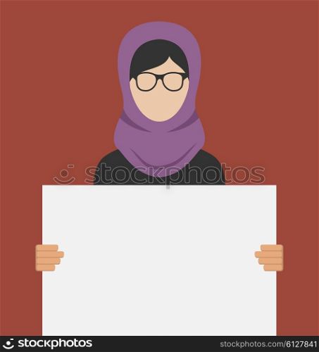 Illustration Arabic Woman Holding a Blank Horizontal Banner, Copy Space for Your Text on Poster - Vector