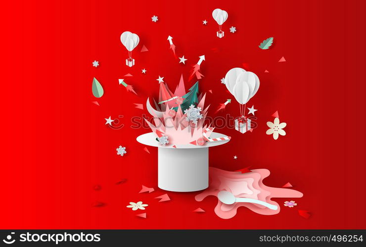 illustration art of bonfire and fireworks art decorations in Christmas with hat concept.Creative design paper cut and craft for festival party holiday winter season.Graphic red idea vacation vector.