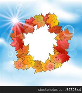 Illustration autumn card with leaves maple on blue sky - vector