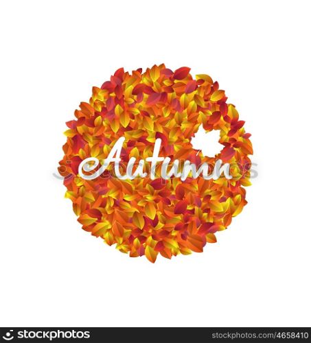 Illustration Autumn Round Frame with Orange and Yellow Leaves, Isolated on White Background - Vector