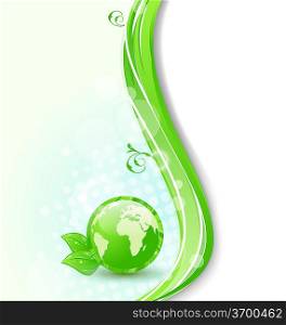 Illustration background with global planet and eco green leaves - vector