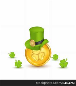 Illustration background with hat, clovers and coins in saint Patrick Day - vector