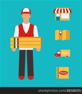 Illustration Banner with Pizza Delivery, Perfect Service. Flat Simple Colorful Icons - Vector