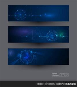 Illustration banners set, Abstract Molecules with Circles, Lines, Geometric, Polygon. Vector design network communication on dark blue background. Futuristic digital science technology concept for web banner template or brochure