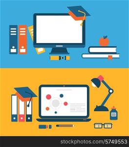Illustration banners with set of flat concept icons for education, distance education, training - vector