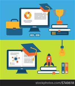Illustration banners with set of flat concept icons for education for all - vector